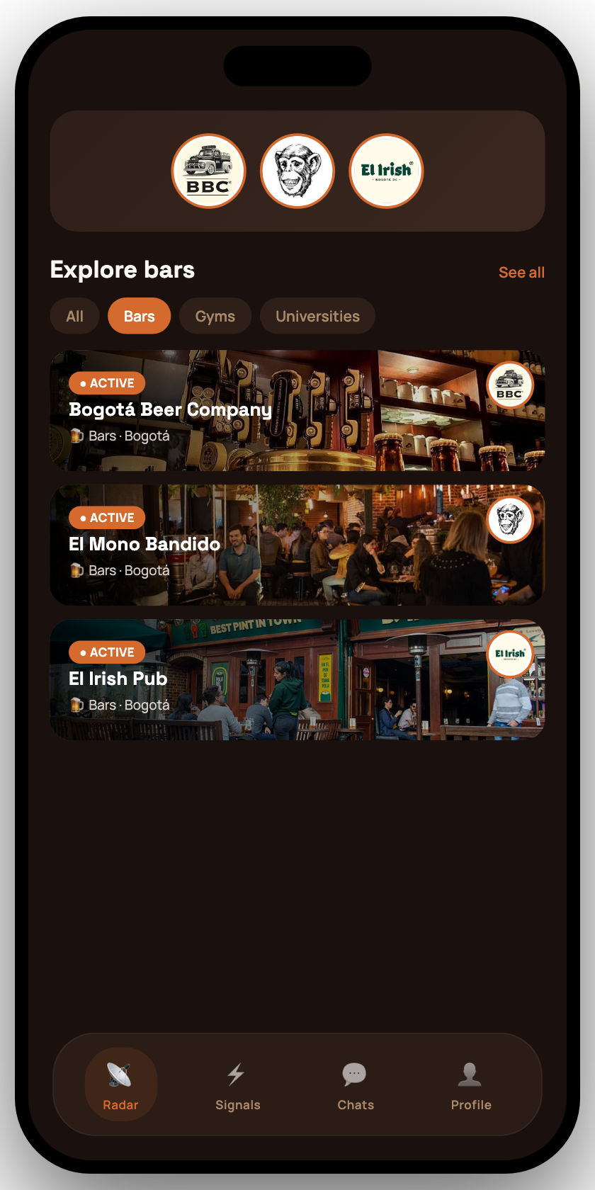 Glimp app: bars view