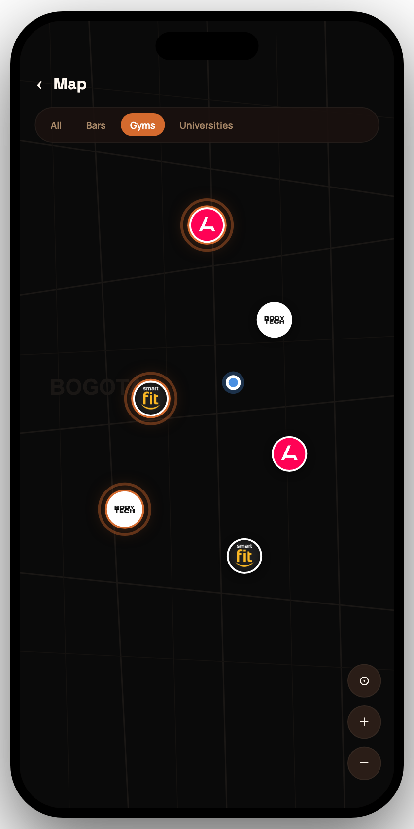 Glimp app: gyms map